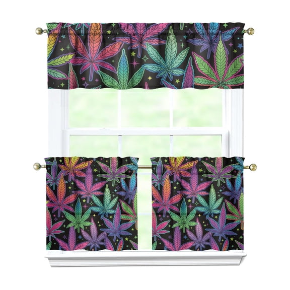 Colorful Weed Print Tier Curtains Set of 3 - Tie Dye Weed Leaf Pattern Short Curtains for Kitchen, Includes Valance & 2 Panels (27.5x24"), Semi-Sheer Hemp Leaf Rod Pocket Drapes