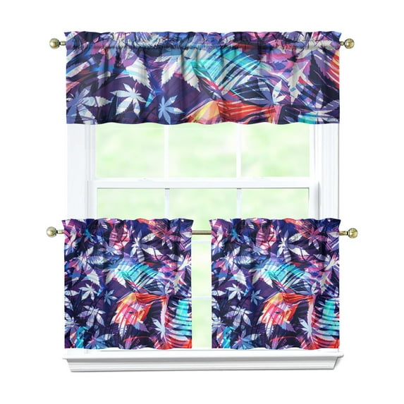 Colorful Weed Print Tier Curtains Set of 3 - Tie Dye Weed Leaf Pattern Short Curtains for Kitchen, Includes Valance & 2 Panels (27.5x24"), Semi-Sheer Hemp Leaf Rod Pocket Drapes