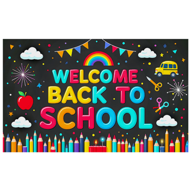 Colorful Welcome Back to School Banner with Rainbow Clouds Pencils and School Bus Backdrop Party Decoration for Classroom Entrance Photo Props Opening Ceremony Supplies