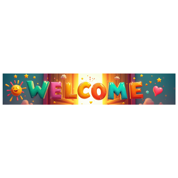 Colorful Welcome Banner with Sun Mascots and Star Elements Backdrop Party Decorations for Events Gatherings Festivals Celebrations and Photo Props