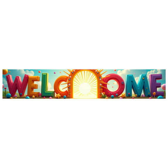 Colorful Welcome Banner with Sun Mascots and Star Elements Backdrop Party Decorations for Events Gatherings Festivals Celebrations and Photo Props
