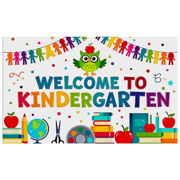 Colorful Welcome to Kindergarten Banner with Owl Apple Books and Kids Silhouettes Background Party Supplies for School Opening Events Photography Props Classroom Decorations