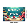 thumbnail image 1 of Colorful Welcome to Pre K Banner with School Bus Books Apples Alarm Clock Backdrop Decor for Preschool Opening Party Classroom Decorations Photography Props, 1 of 7