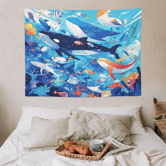 Colorful Whale Tapestry Ocean Animals Orca Blue Whale Coral Fish Watercolor Marine Life Tapestry Wall Hanging for Living Room Bedroom Dorm Classroom Aesthetic Decor W40xL30in