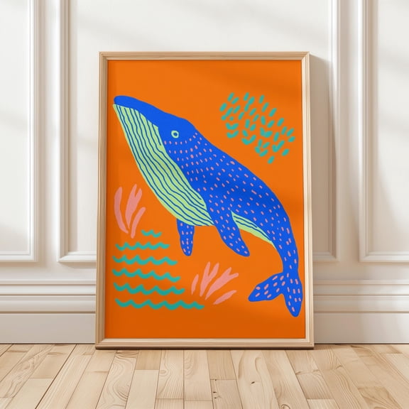 Colorful Whale Wall Art, Bold Blue Orange Kids Room Nursery Print, Playful Ocean Animal Decor Poster, Poster Only
