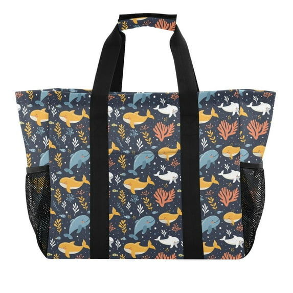 Colorful Whales and Seaweed Reusable Grocery Bags with Handle Side Pocket Waterproof Shopping Portable Tote