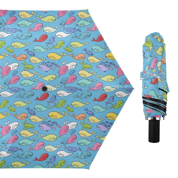 Colorful Whales in Ocean Compact Sun Umbrella Windproof Travel Umbrellas for Rain Strong Portable UV Protection