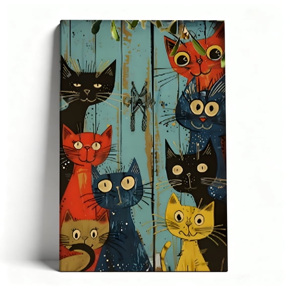 Colorful Whimsical Cats Canvas Wall Art, Playful Folk Art Cat Decor, Vibrant Abstract Cat Artwork For Bedroom, Living Room, Nursery, Ready To Hang 12*18inch(30*45cm)