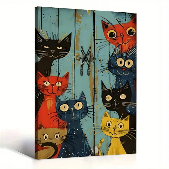 Colorful Whimsical Cats Canvas Wall Art, Playful Folk Art Cat Decor, Vibrant Abstract Cat Artwork For Bedroom, Living Room, Nursery, Ready To Hang 8*12inch(20*30cm)