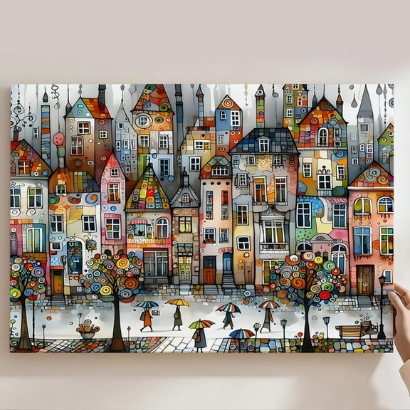 Colorful Whimsical Cityscape Framed Canvas Prints Wall Art, Cartoon Town Umbrella Wall Decor, Whimsical Home Decor For Living Room Bedroom Kitchen, Fantasy Art Gift 8*12inch(20*30cm)