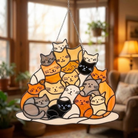 Colorful Whimsical Multi-Cat Pile Feline Acrylic Suncatcher Window Hanging Home Decor Gift for Cat Lovers