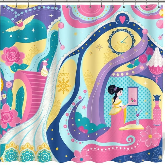 Colorful Whimsical Shower Curtain with Flowers Bird and Vintage Clock Design