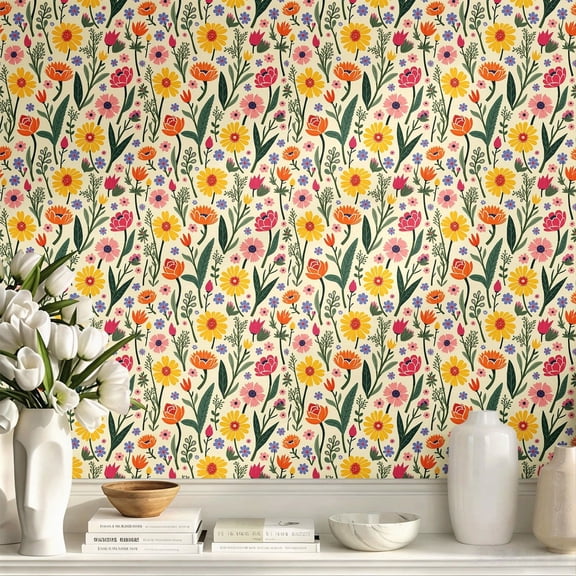 Colorful Wild Floral Pattern Stick Wallpaper, Boho Vintage Cute Art Print Wall Art Wall Decor, Whimsical Home Wall Decoration for Bedroom Living Room Dorm Apartment Aesthetic Wallpaper