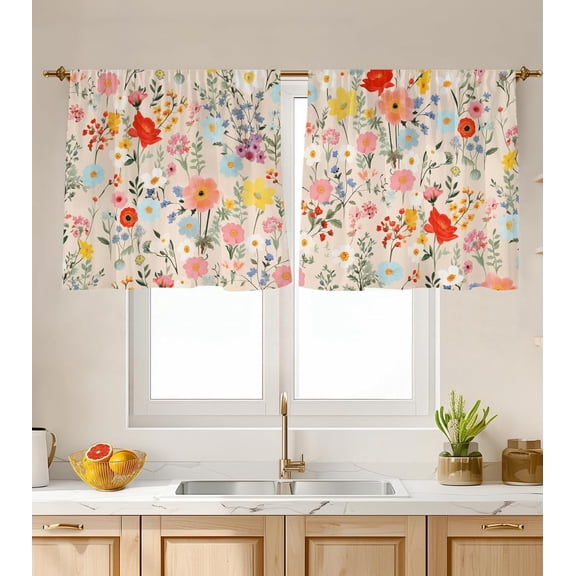 Colorful Wild Floral Print Kitchen Curtains Bohemian Pastoral Flower Window Tier Curtains for Kitchen Bedroom Cafe Home Decor