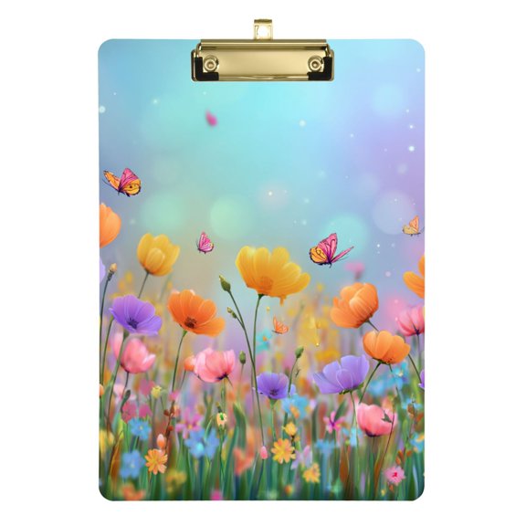 Colorful Wild Florals Butterflies Spring Scene Acrylic Clipboard Drawing Board with Hook Writing Pad File Storage A4 Size Gold 12.5" x 9"