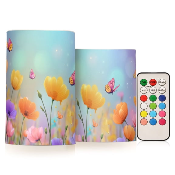 Colorful Wild Florals Butterflies Spring Scene Flickering Flameless Candles LED Tealight Battery Operated with Remote Set of 2 Holiday Decor Ornaments