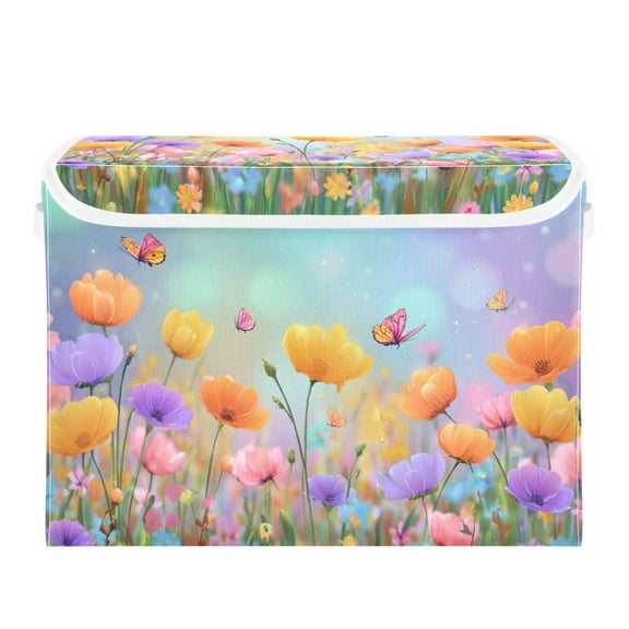 Colorful Wild Florals Butterflies Spring Scene Foldable Storage Bin with Lid and Handle Collapsible Storage Box 16.5 x 12.6 x 11.8 inches