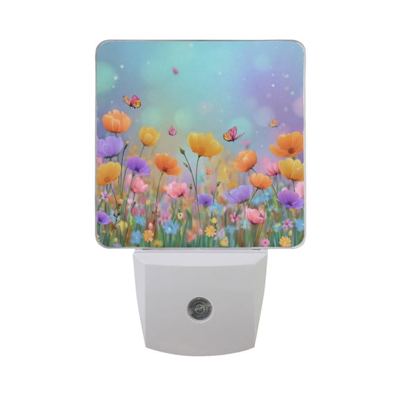 Colorful Wild Florals Butterflies Spring Scene LED Night Light Sensor Lamp Plug-in Adjustable Brightness 2 Pack