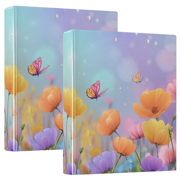 Colorful Wild Florals Butterflies Spring Scene Round Ring Binder 3 Rings 1.5" Capacity File Storage for A4 Size 2 Pack
