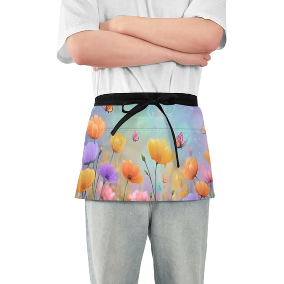 Colorful Wild Florals Butterflies Spring Scene Short Server Apron with 3 Pockets for Unisex Chef Gardening