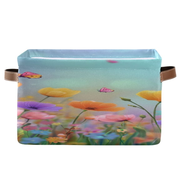Colorful Wild Florals Butterflies Spring Scene Square Storage Bins with Handles Collapsible Containing Box 1 Pack