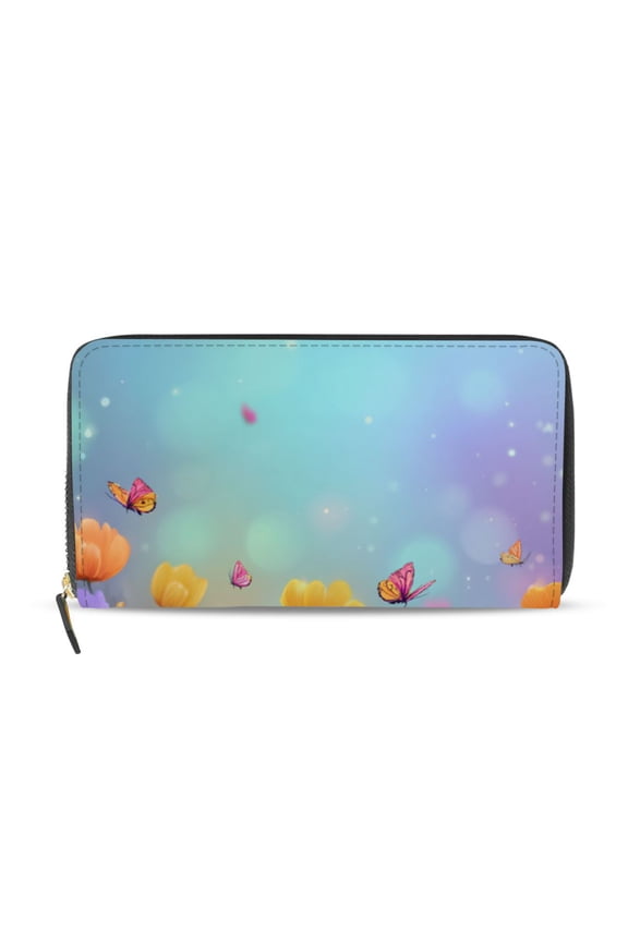 Colorful Wild Florals Butterflies Spring Scene Women's Long Zipper Wallet Bifold Clutch Purse PU Leather Card Cases