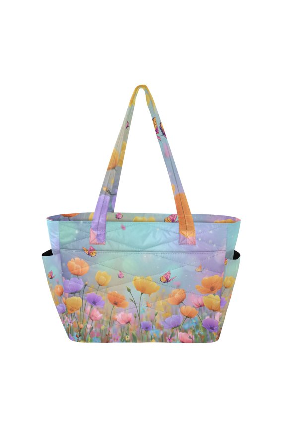Colorful Wild Florals Butterflies Spring Scene Women's Quilted Tote HandBag Beach Bag Shoulder Bag with Luggage Strap 18L for Commute Gym Travel