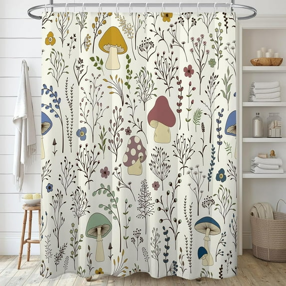Colorful Wild Plants Shower Curtain,Vintage Mushroom Plant Shower Curtains Sets for Bathroom,Minimalist Art Bath Curtain,Waterproof Fabric with 12 Hooks 72x72 Inches