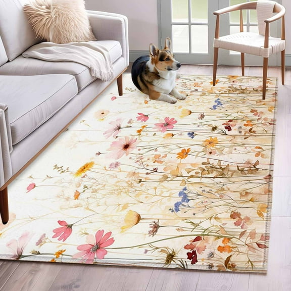 Colorful Wildflower Area Rug 3x5 Washable Rug Non Slip Botanical Vintage Floral Country Retro Large Area Rug Indoor Floor Carpet for Entryway Bedroom Kitchen Living Room Office Dining Room Nursery
