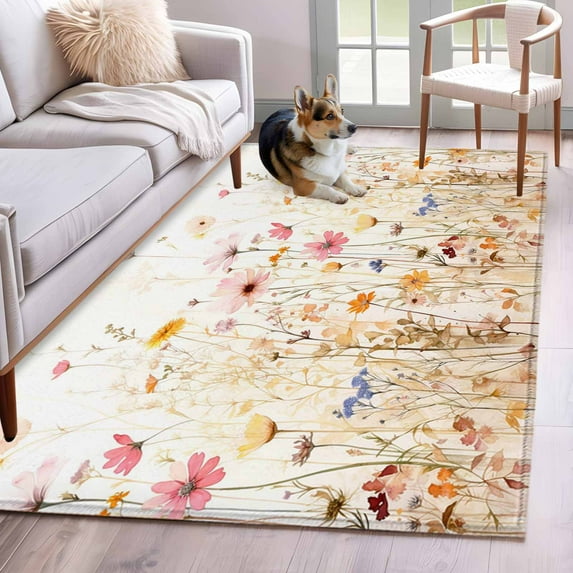 Colorful Wildflower Area Rug 4x6 Washable Rug Non Slip Botanical Vintage Floral Country Retro Large Area Rug Indoor Floor Carpet for Entryway Bedroom Kitchen Living Room Office Dining Room Nursery