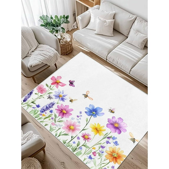 Colorful Wildflower Area Rug for Bedroom 4x6 Ft Bee Butterfly Purple Blue Pink Plant Super Soft fuzzy Throw Rug Non-Slip Fluffy Plush Indoor Floor Carpet for Living Room Nursery Home Decor
