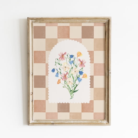 Colorful Wildflower Bouquet Wall Art Print, Rustic Checkered Background Decor, Cottagecore Floral Artwork Vintage-Inspired Pastel Home Decor Wall Art, Modern Wall Decor, 24x36 UNFRAMED