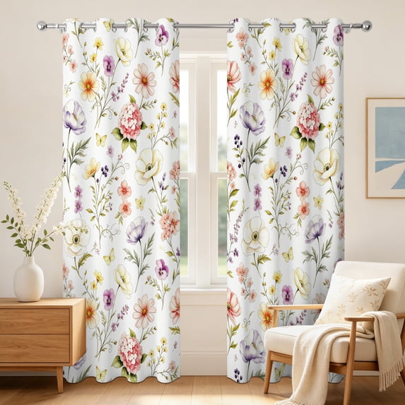Colorful Wildflower Butterfly Blackout Curtains,2 Panels,84 inch Length,Thermal Insulated Light Blocking Grommet Window Drapes