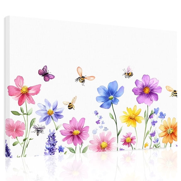 Colorful Wildflower Canvas Print Wall Art, Bee Butterfly Purple Blue Pink Plant Wall Decor Modern Artwork Paintings Pictures for Living Room Framed and Stretched Ready to Hang, 12" x 16"