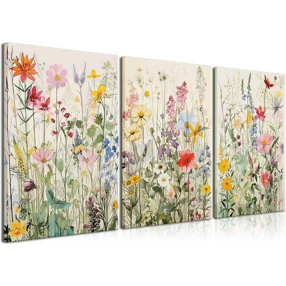 Colorful Wildflower Canvas Wall Art Print Framed Set of 3 Botanical Pictures Floral Plant Printing Minimalist Modern Wall Decor for Girls Gift Living Room Bedroom Bathroom 12"x16"