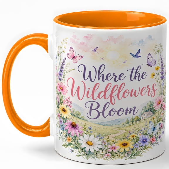 Colorful Wildflower Coffee Mug, Bloom Quote Mug, Spring Garden Birthday Christmas Gift for Women, Floral Meadow Butterfly Mountain Art, 11 oz White Ceramic Coffee Cup