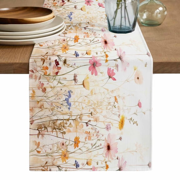 Colorful Wildflower Cotton Linen Table Runner for Dining Kitchen, Botanical Vintage Floral Country Retro Wedding Outdoor Party Tablerunners, Dresser Scarf Coffee Tablecloth Runners 13x48 Inches