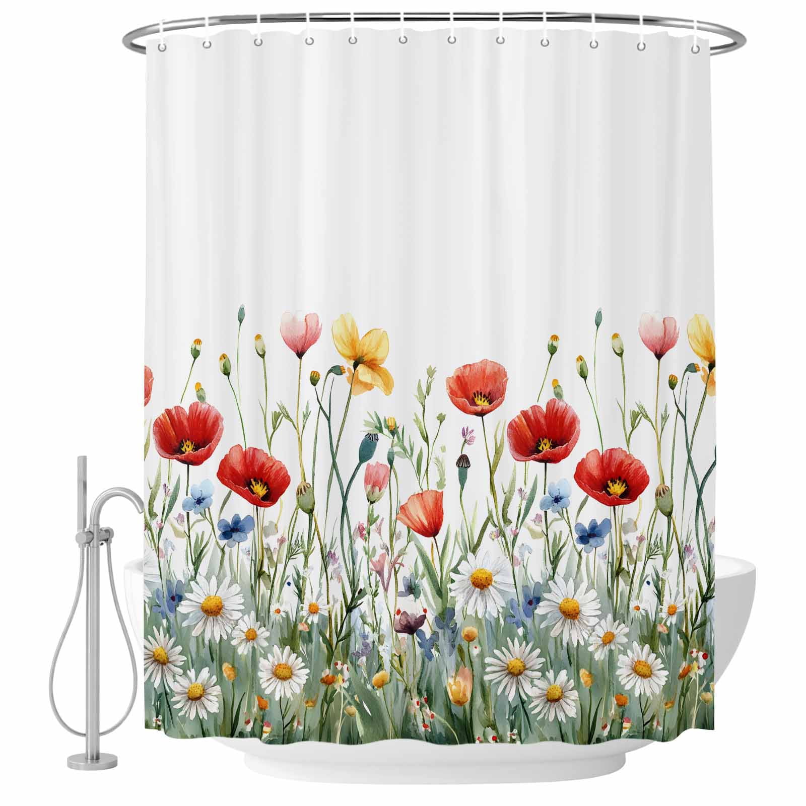 Colorful Wildflower Fabric Shower Curtain Watercolor Flower Washable ...