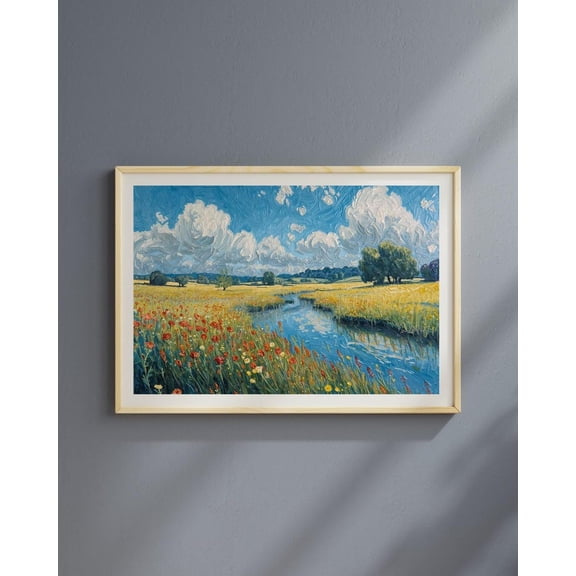 Colorful Wildflower Field With River Blue Sky Clouds Rustic Countryside Unframed Canvas 8x10in