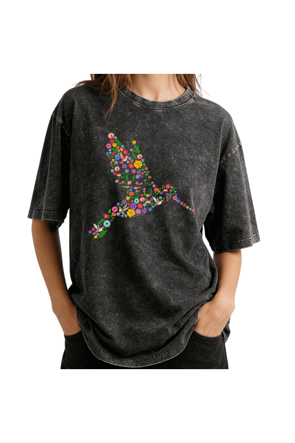 Colorful Wildflower Jumpman Silhouette Wash Print Tshirt S-2XL Washed Black Graphic Tees Casual Shirts for Boho Floral Tops