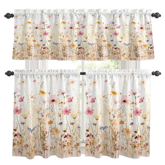 Colorful Wildflower Kitchen Curtains, Kitchen Curtains and Valances Set of 3, Botanical Vintage Floral Country Retro Light Filtering Tailored Tier Curtain 24 Inch Length Drapes for Cafe Sink Bedroom