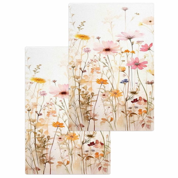 Colorful Wildflower Kitchen Dish Towels for Drying Dishes Set of 2, Botanical Vintage Floral Country Retro Waffle Weave Microfiber Hand Tea Bathroom Towels Quick Dry & Absorbent Towel 15.7x23.6