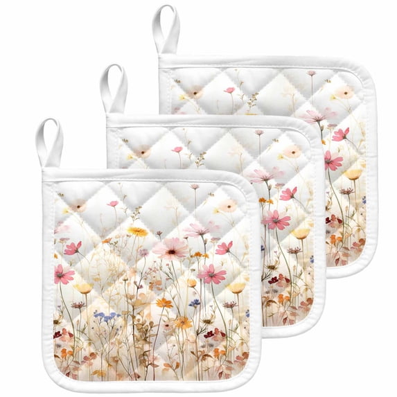 Colorful Wildflower Pot Holders for Kitchen Heatproof Potholder, 3 Pack Botanical Vintage Floral Country Retro Hot Pads Multipurpose Oven Pads Cloth Potholders Trivet for Cooking Baking