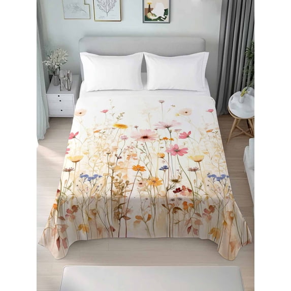 Colorful Wildflower Queen Size Flat Sheet, Wrinkleproof & Fadeproof Cooling Flat Bed Sheet Only, Botanical Vintage Floral Country Retro Breathable Soft Bedding Top Sheets 90 x 102 Inches