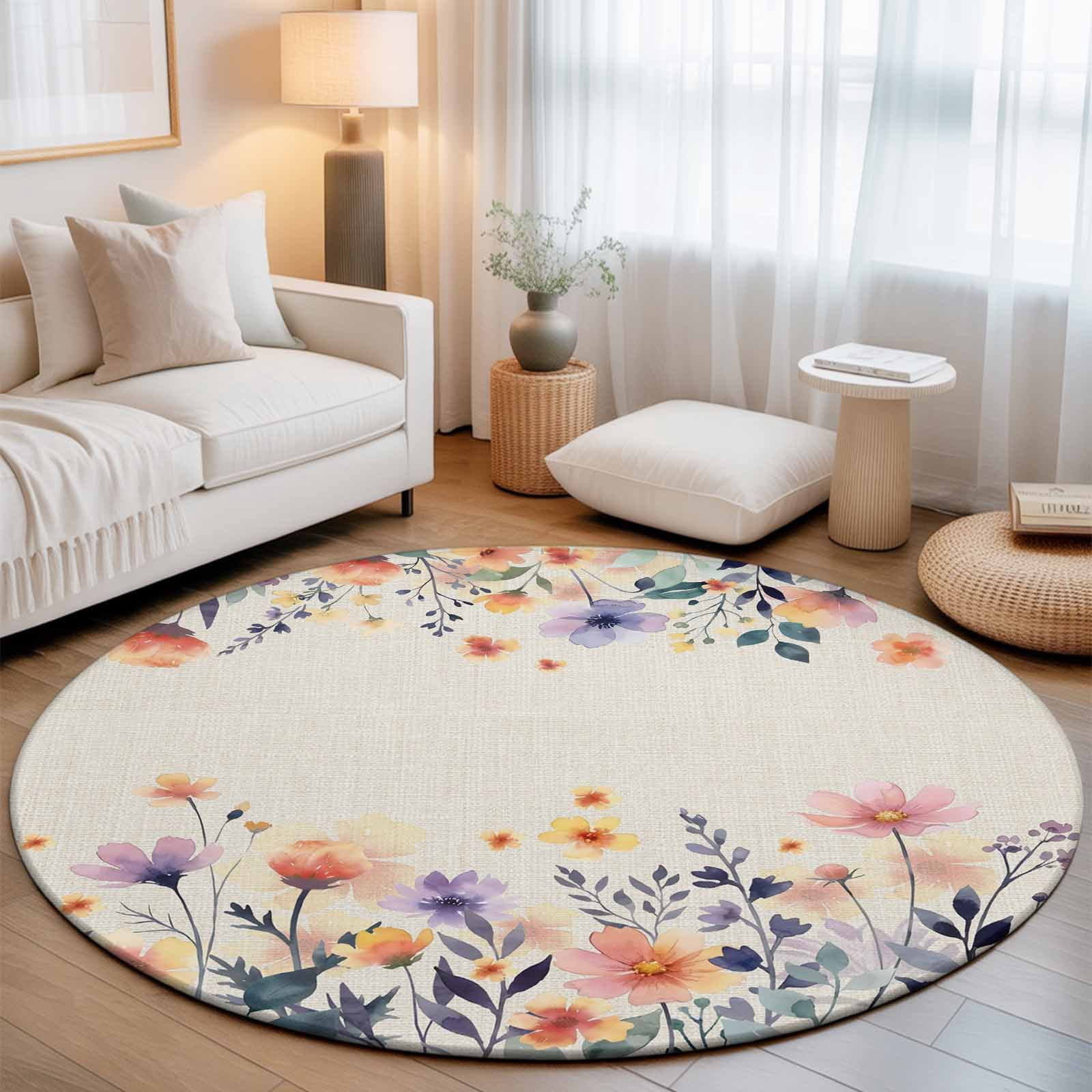 Colorful Wildflower on Retro Linen Round Rug 5ft Rustic Herb Cute ...