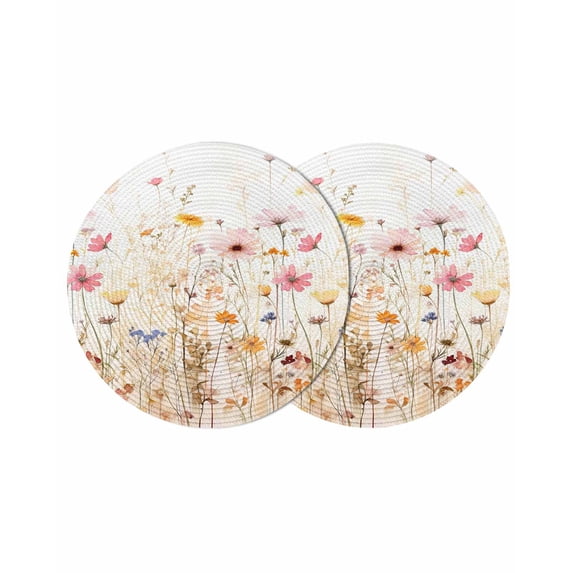 Colorful Wildflower Round 13 Inch Placemats Set of 2, Botanical Vintage Floral Country Retro HeatResistant Non Slip Place Mats for Dining Table, Wipeable Braided Kitchen Table Mats for Housewarming