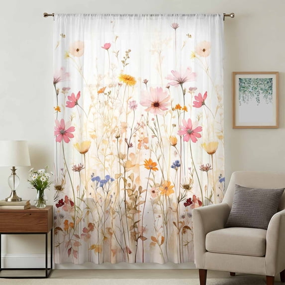Colorful Wildflower Sheer Curtains 45 Inches Long, Botanical Vintage Floral Country Retro Light Filering Curtains, Breathable Simi Curtain Privacy Drapes for Kitchen Bathroom Small Window Treatment