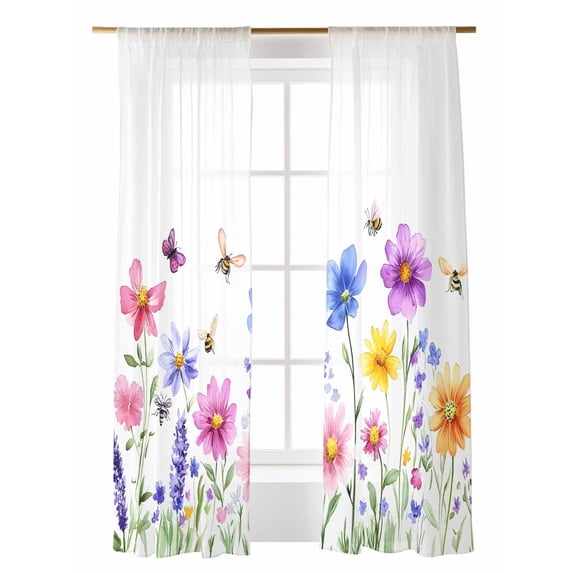 Colorful Wildflower Sheer Curtains 84 inches Long 2 Panels Set Bee Butterfly Purple Blue Pink Plant Sheer Window Curtain Rod Pocket Voile Drapes for Living Room/Bedroom, Each 52" W x 84" L