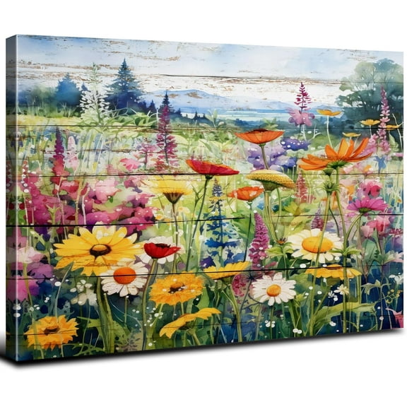 Colorful Wildflower Wall Art Rustic Farmhouse Floral Scenery Picture Decor Watercolor Flower Landscape Canvas Painting Daisy Poppy Poster Prints Artwork for Living Room Bathroom Home Decoration