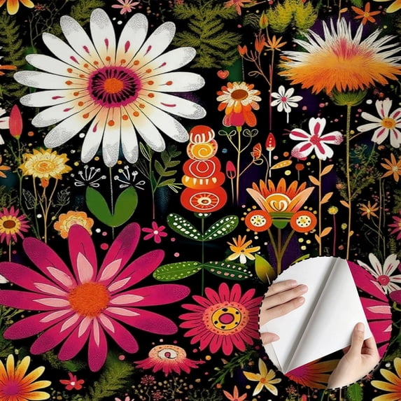 Colorful Wildflower Wallpaper, Boho Funky Floral Pattern, Peel and Stick Wallpaper, Waterproof SelfAdhesive Wall Decoration for Living Room Bedroom Kitchen Cabinet Rental 17.7 * 118 in